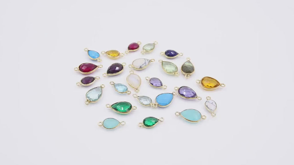 Teardrop Gemstone Connectors, Gold Gemstone Links #2994, Gold Over 925 Sterling Silver Birthstone 2 Loop Links