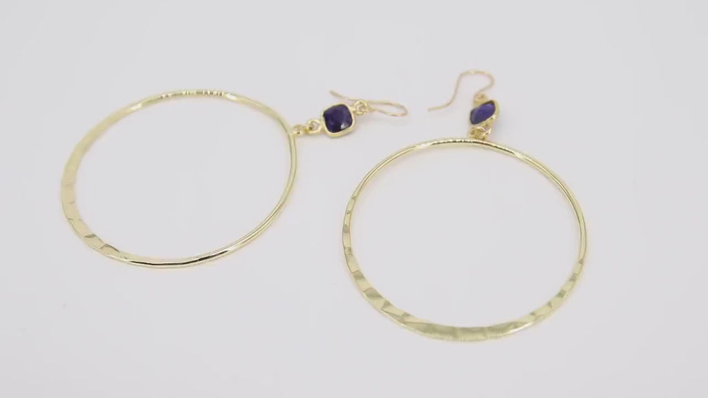 Gold Navy Blue Gemstone Hoop Earrings, 14 K Gold Filled Fancy Hook Ear Wires # 692, Gold Plated Round Hoops with Sapphire Gemstone