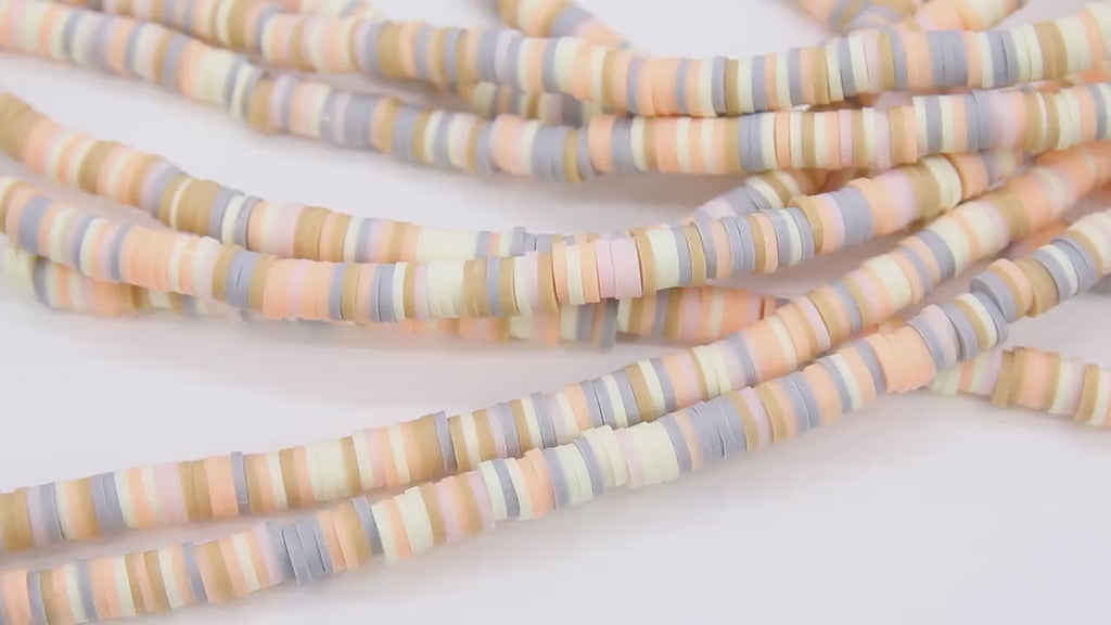 2 Strands 6 mm Clay Flat Beads, Pink Ivory Peach Gray Heishi beads in Polymer Clay Disc CB #133, Rondelle Multi Color