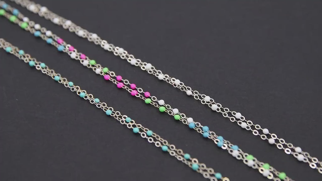 925 Sterling Silver Dainty Beaded Satellite Enamel Chain,  2.1 mm Rainbow Hammered Flat Cable CH #890, Unfinished By Foot