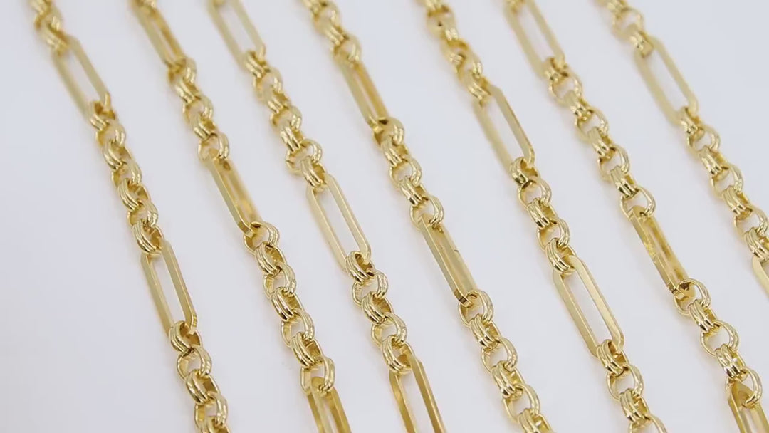 Paperclip Gold Chain, 20 mm Rectangle and 6 mm Rolo Thick Chains CH# 110, Chunky Link Drawn Oval