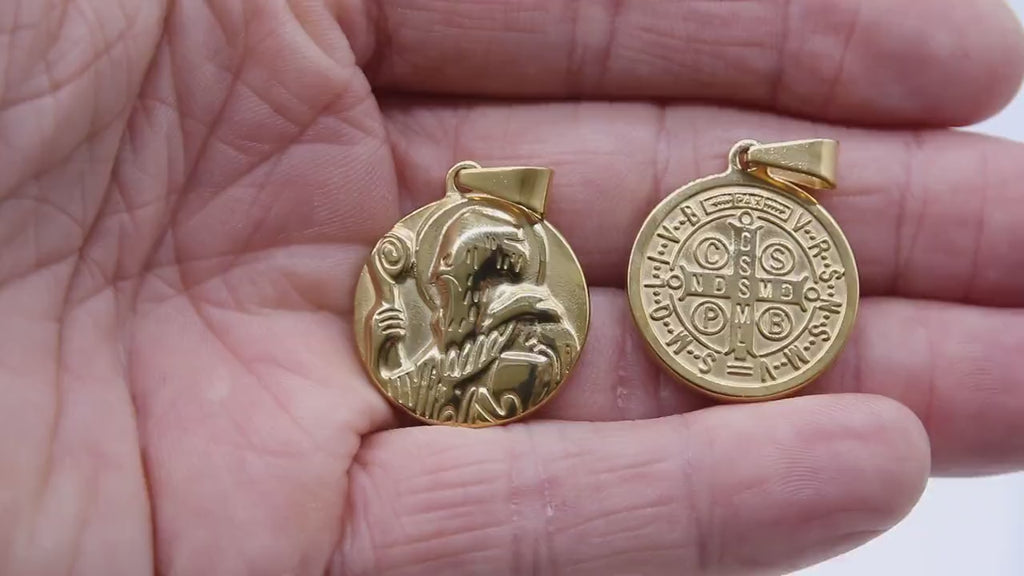 Gold St. Benito Pendants, 25 mm St. Benedict Rosary Necklace #3149, Steel Round Medallion Cross Charm Medals