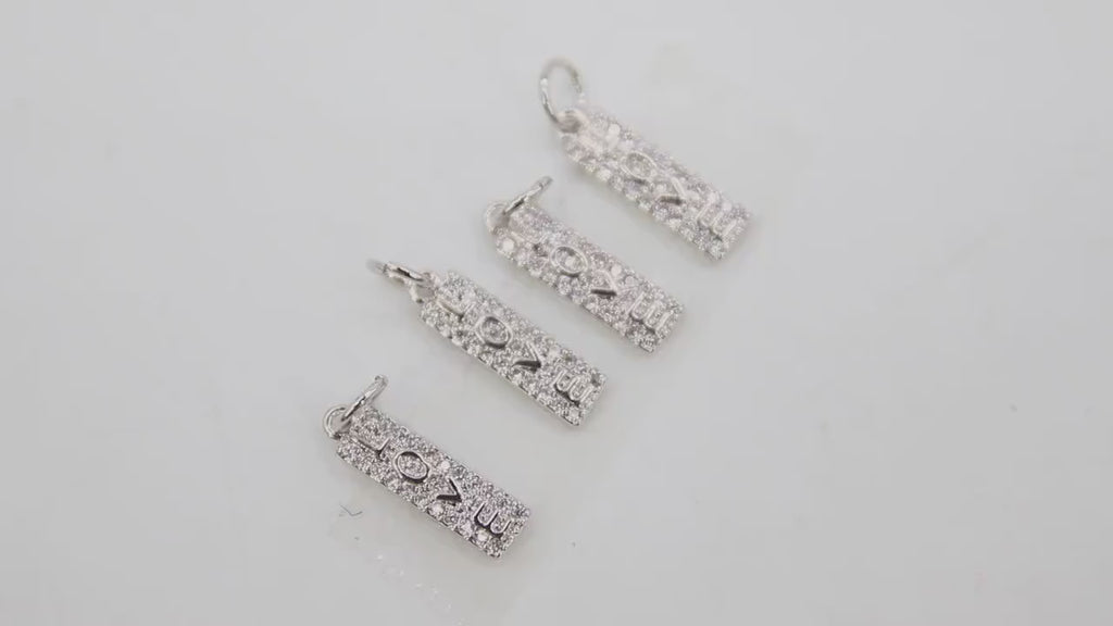 CZ Silver Love Words Charms, Small Gold Oblong Minimalist Dog Tags # 2642, Inspirational Bar  5 x 15 mm