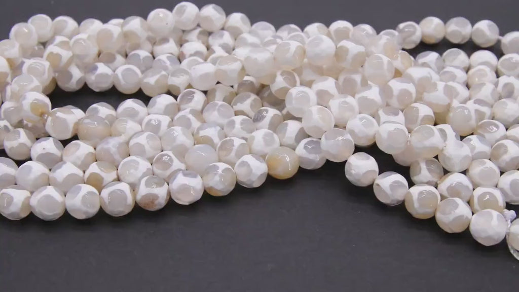 DZI White and Ivory Beads, Natural Tibetan Smooth Round Cream Stripe Beads BS #297, sizes 8 mm 15 inch Strands