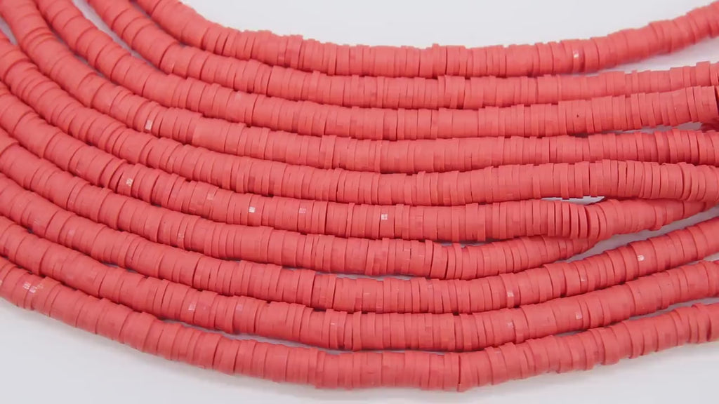 2 Strands 6 mm Clay Flat Beads, Dark Salmon Pink Heishi beads in Polymer Clay Disc CB #129, Light Red Rondelle