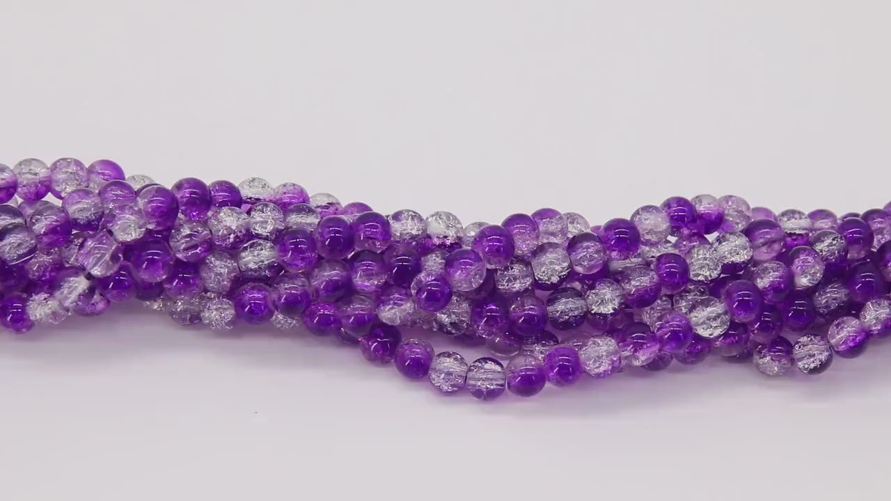 Clear Purple and Clear Round Crystal Beads, Shimmery Crackled Glass Beads BS #249, size 6 mm
