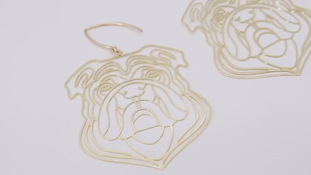 Gold Bulldog Head Earrings, 14 K Gold Filled V Hook Ear Wires AG #2166, Dangle Georgia Gameday Jewelry