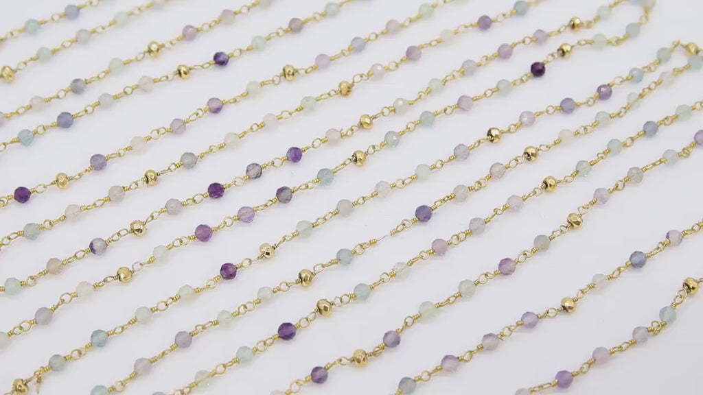 22 k Gold Natural Flourite  Chain, Unfinished 4 mm Gold Pyrite Beaded Wire Wrapped RS #95, Mint Aqua Purple Diamond Cut Gemstones