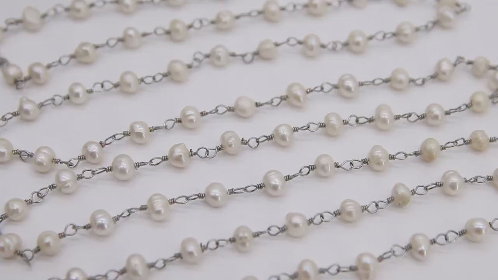 Natural Pearl Rosary Silver Chain, Freshwater Beaded Rosary Chain CH #519, Silver Wire Wrapped