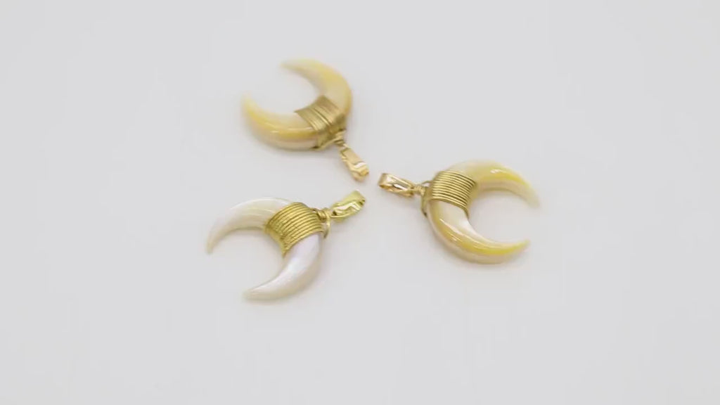 Crescent Moon Charms, Soft Yellow Natural Shell Mini Double Horn Charms #940, 20 mm Gold Wire Horn Boho Pendant DIY Jewelry