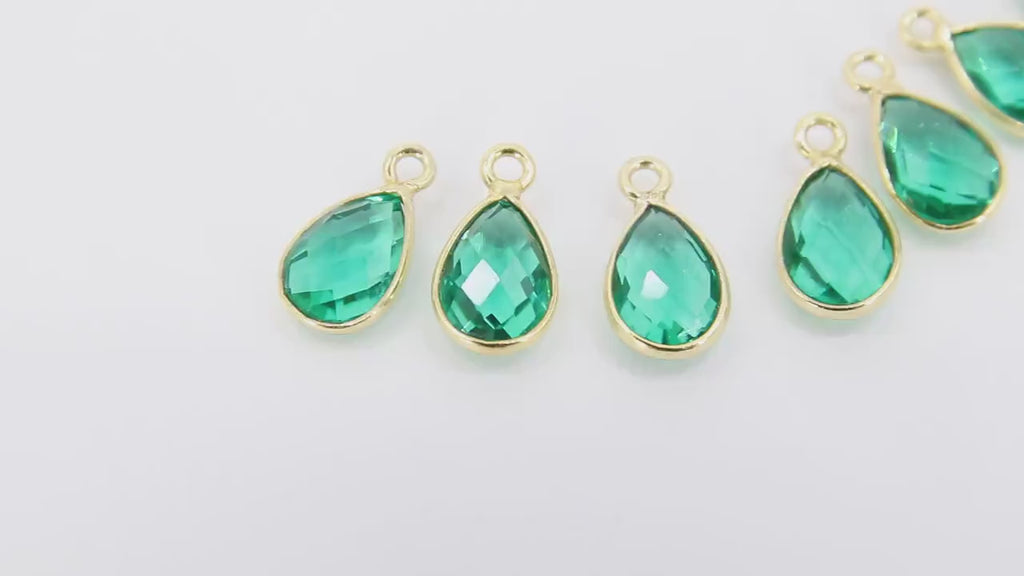 Emerald Teardrop Charms, Gold Plated Oval Green Gemstones #2840, Sterling Silver Birthstone Pendants