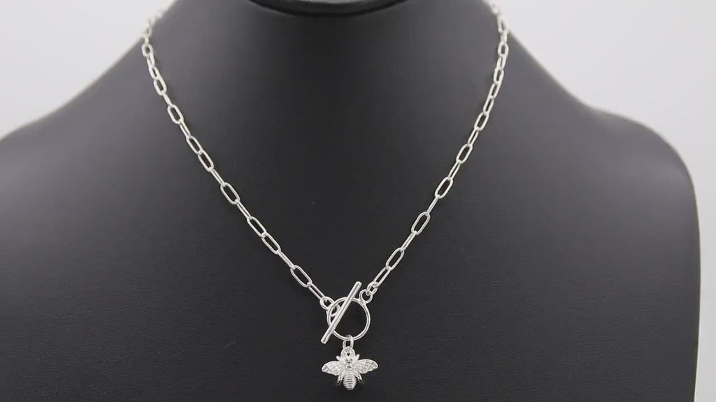 Bumble Bee Chain Necklace, 925 Sterling Silver Toggle, Queen Bee Rectangle Paperclip Drawn Chain