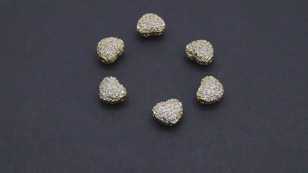 CZ Pave Gold Heart Bead, 7 mm Genuine 18 K Gold Heart Shape Plated Beads with Hole #2615, Side to Side Holes