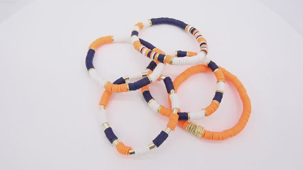 Heishi Beaded Bracelet, Navy Blue Orange White Gold Stretchy Bracelet #698, Auburn Tiger Team School Spirit Clay Beaded Bracelets