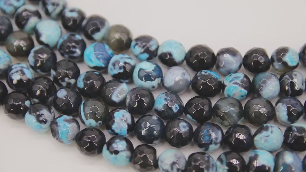 Natural Black and Baby Blue Fire Agate Beads, Faceted Black White Blue Pattern Beads BS #80, sizes in 10 mm 14 inch FULL Strands