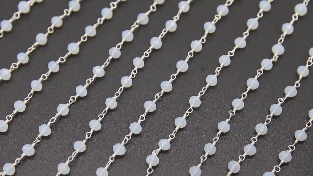 White Opal Rosary Chain, 4 mm Silver Wire Wrapped CH #438, Beaded Chain Opalite