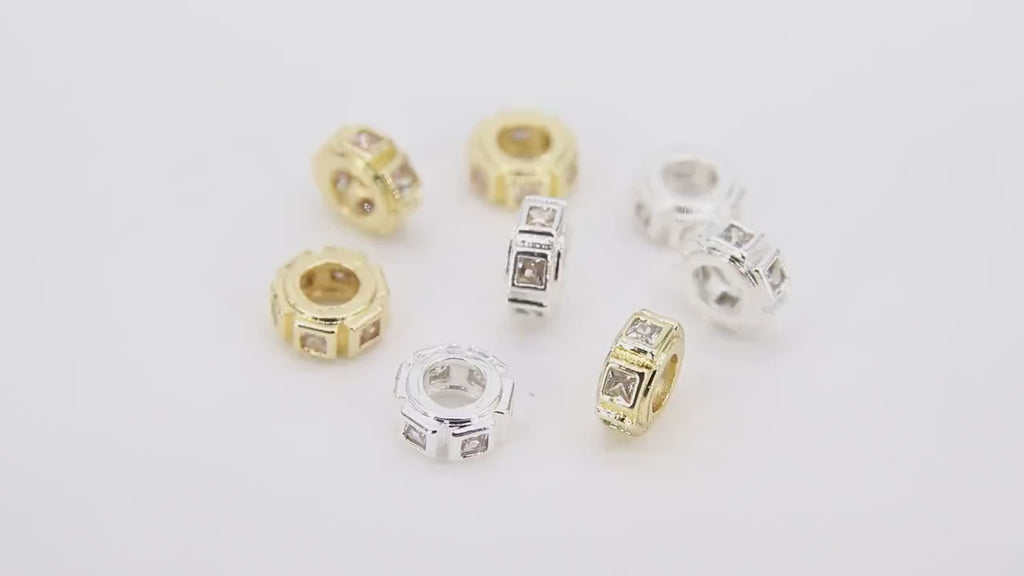 Gold Spacer Beads, 8 mm CZ Rondelle Spacer Donuts Findings #3395, Round Disc Wheels