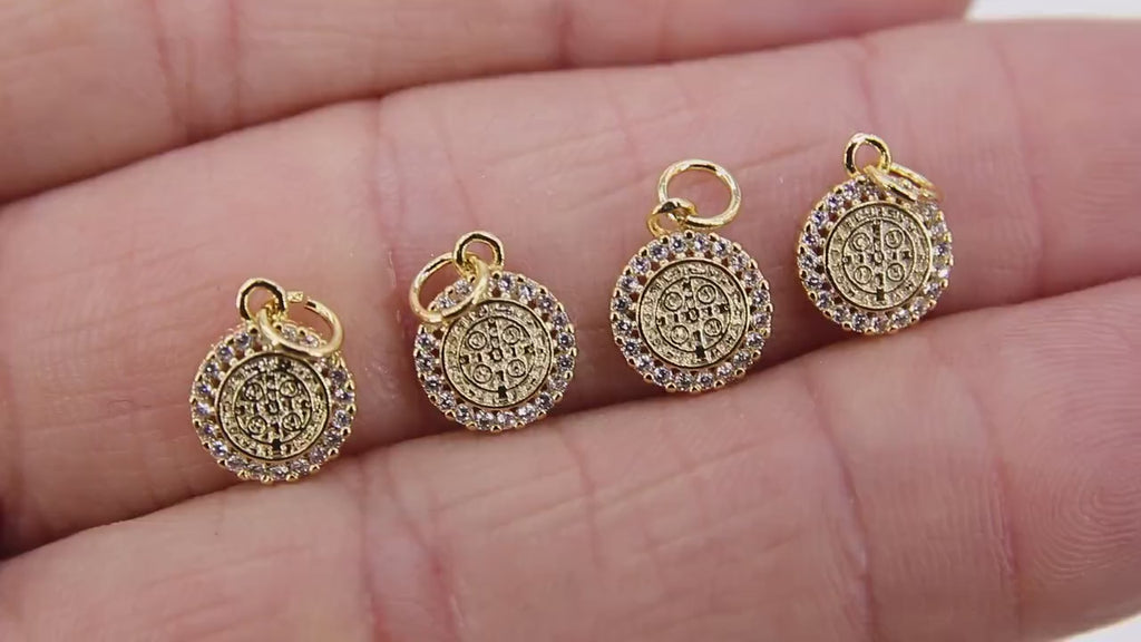 Tiny St. Benito Charms, CZ Pave 9 mm Cross St. Benedict Charm #2834, Gold Plated Round Medallion Medals