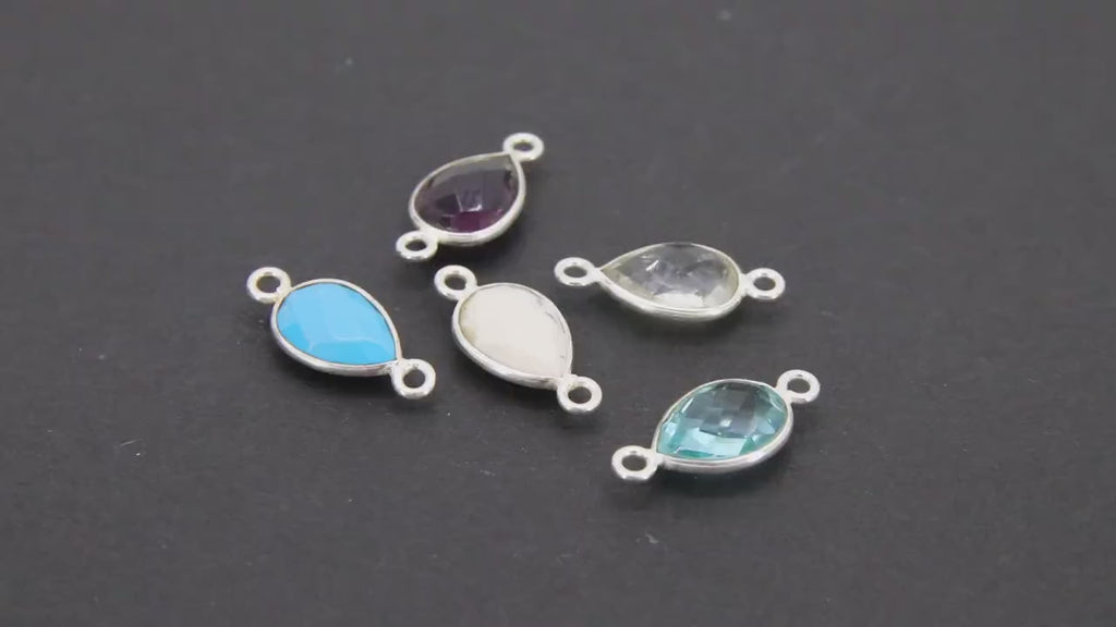 925 Sterling Silver Teardrop Connectors, Silver Gemstone 2 Loop Link #3438, Blue Oval Crystal Drop