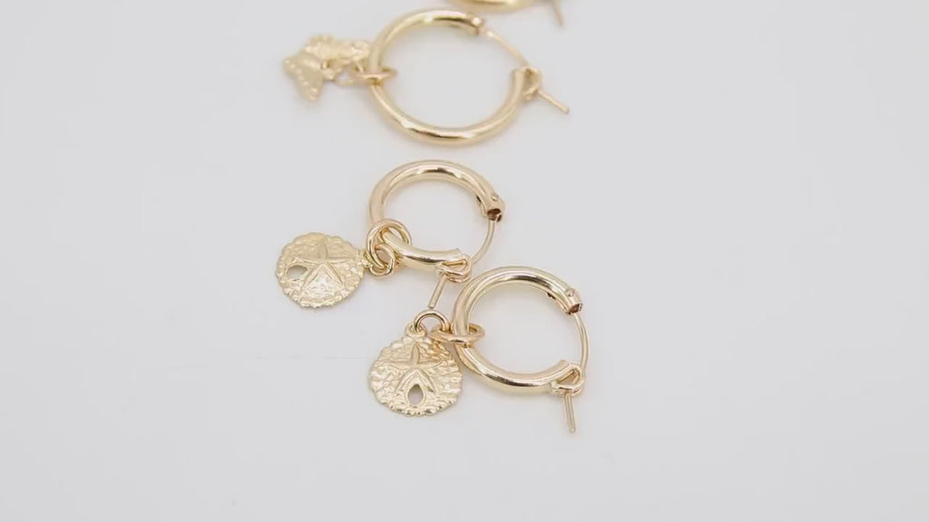 Gold Sand Dollar Hoop Earrings, 14 K Genuine Gold Filled Thick Hoop Dangle Beach Earrings #2136, 5 Sizes
