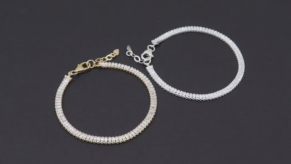 14 K Gold Filled CZ Baguette Chain Bracelet, 925 Sterling Silver Cubic Zirconia 3.7 mm Bracelet, Adjustable Bracelet