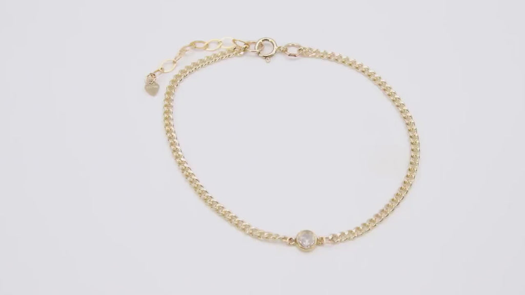 14 K Gold Filled Curb Chain Bracelet, Clear CZ Adjustable Chain Link Bracelet, Stamped 14/20