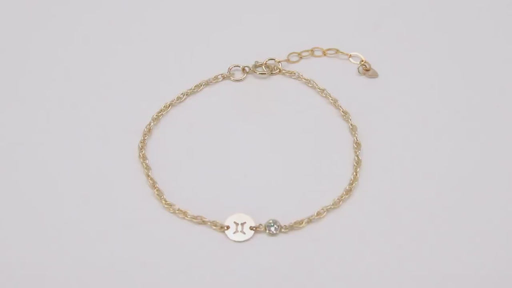 14 K Gold Filled Rope Horoscope Bracelet, CZ Birthday Adjustable Bracelet, Stamped 14/20