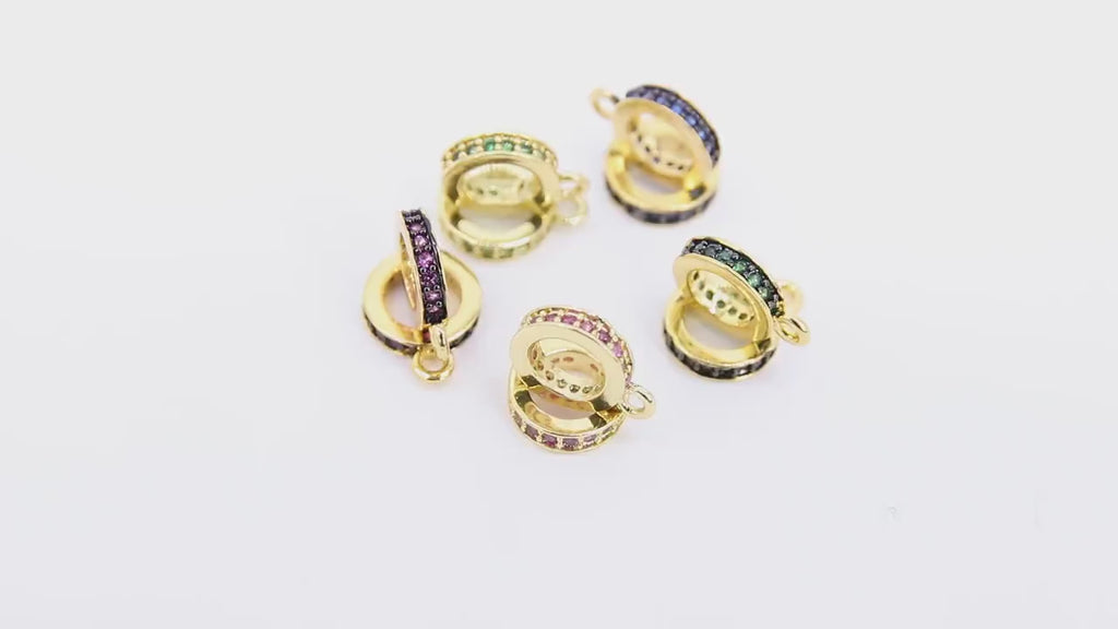 Gold CZ Charm Holder Slider Rings, Round Spacer Big Hole Circle #220, 4 mm Large Hole Black Green Pink Blue Cubic Zirconia