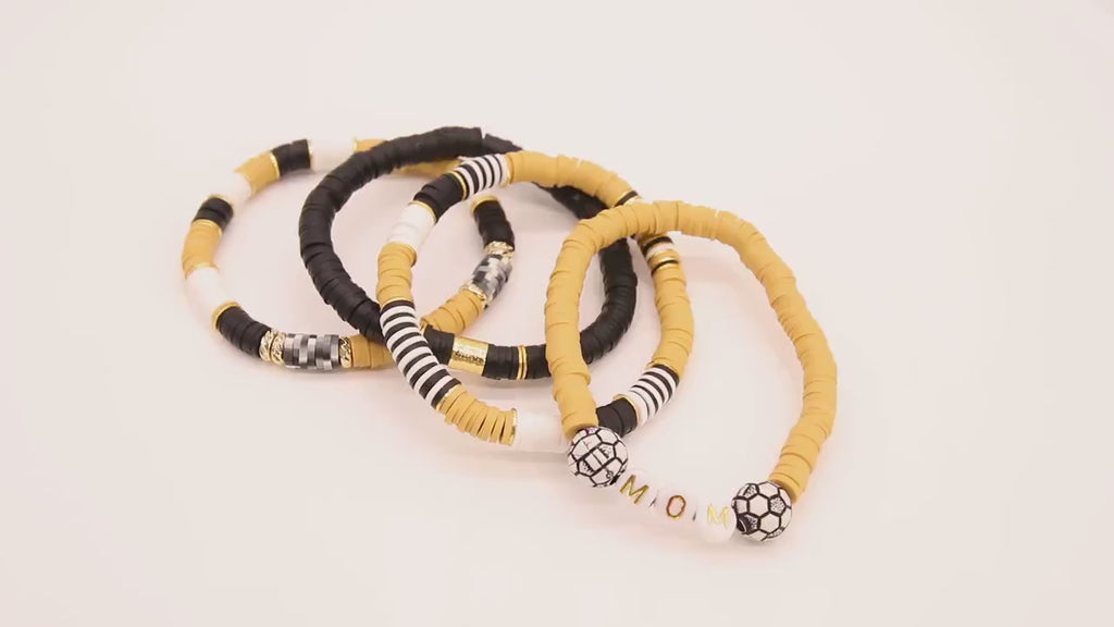 Heishi Soccer Mom Beaded Bracelet, Black and Gold Stretchy Bracelet, New Orleans Saints Team Spirit  Beaded Bracelet Stacks