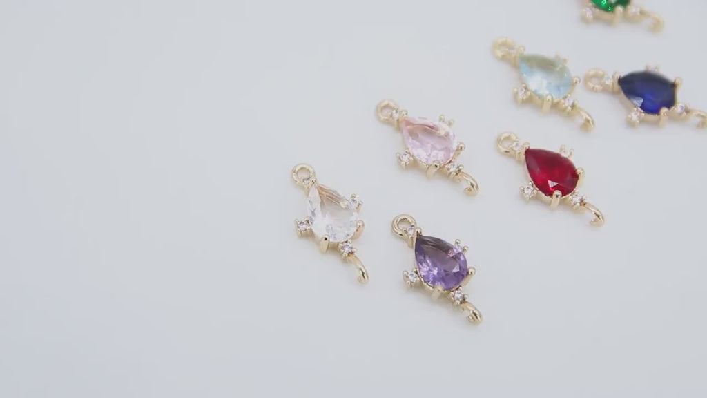 Gold Teardrop Connectors, 2 Pcs CZ Colorful Oval Links # 2557, Open Loops in Red Pink Blue Green Aqua Purple Crystals