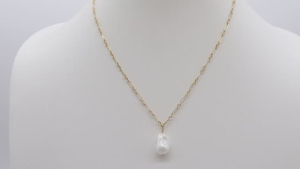 Elegant 14K Gold Filled Pearl Chain Link Necklace, Long Short Gold Dainty Chain With Large Baroque Pearl, Wire Wrapped Charm Necklace
