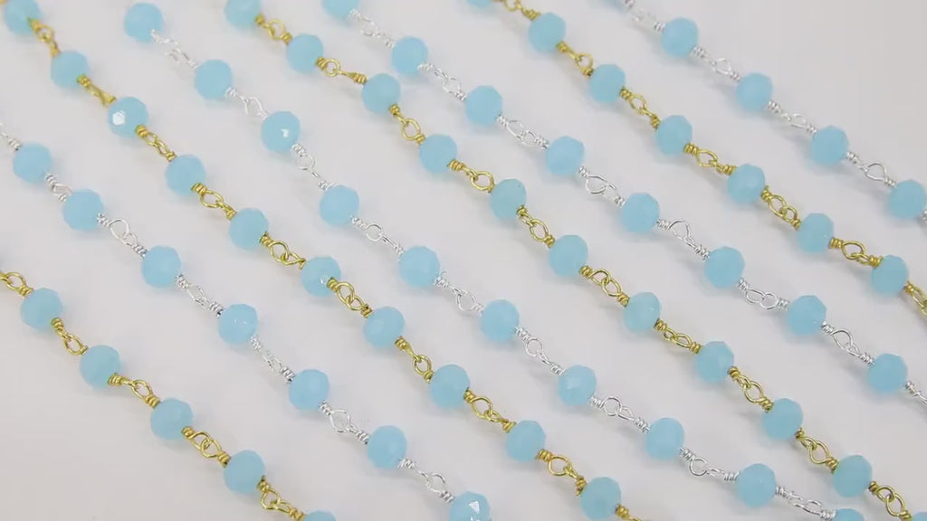 Aqua Blue Chalcedony  Chain, 4 mm Silver Wire Wrapped Chains CH #409, Boho Beaded Chains
