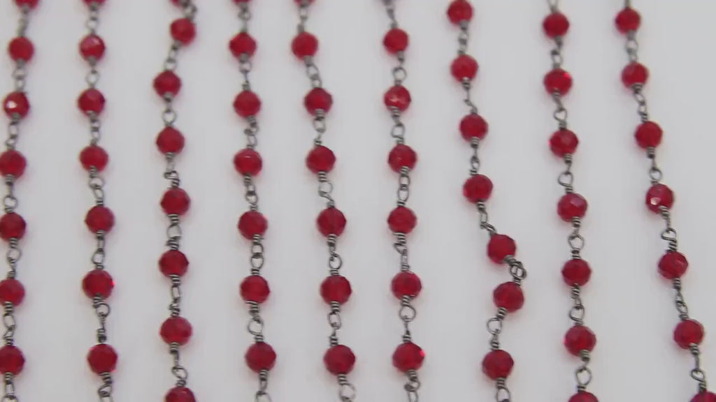 Ruby Red Rosary Chain, Gunmetal Black Wire Wrapped 4 mm Beaded Cranberry Red Chains, Jewelry Making Rosary Roll Bulk Ships from USA