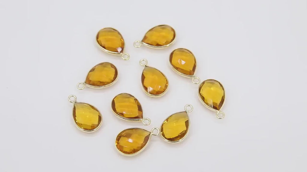 Citrine Teardrop Charms, Gold Plated Oval Yellow Gemstone #2847, Sterling Silver Birthstone Pendants