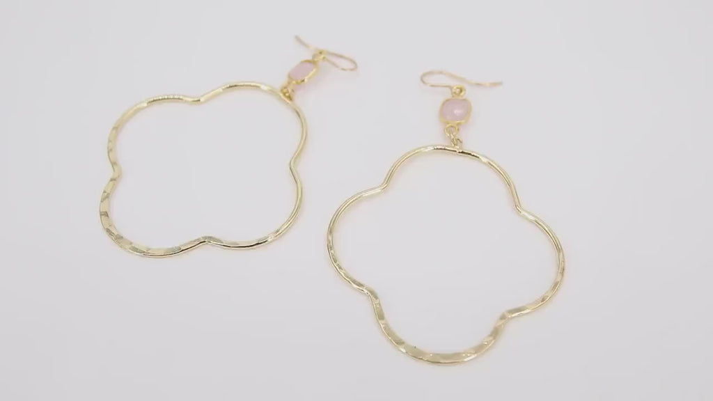 Gold Gemstone Clover Hoop Earrings, 14 K Gold Filled Fancy Hook Ear Wires #692, Gold Plated Hoops with Rose Quartz Pink Gemstone Earrings