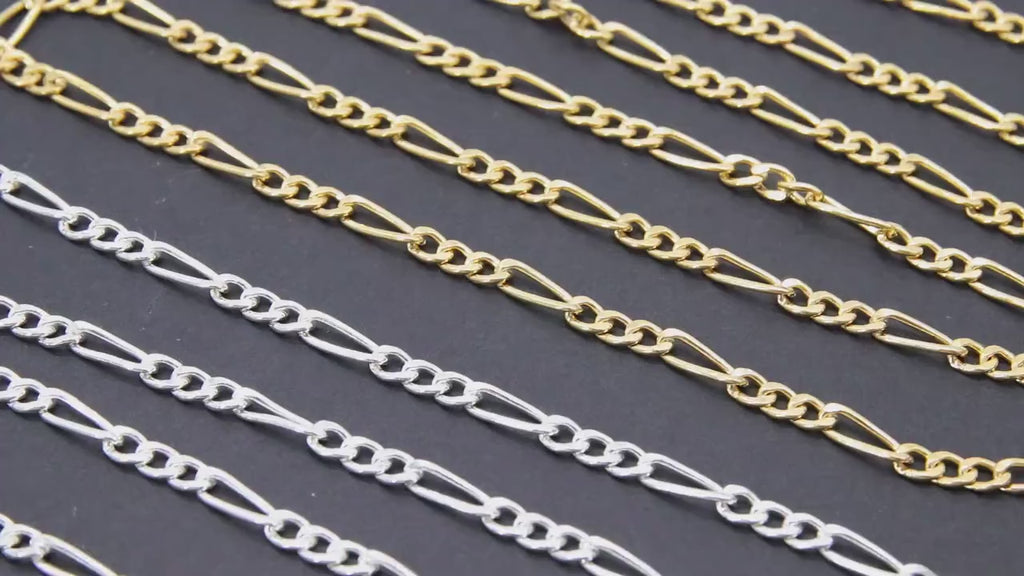 14 K Gold Filled Figaro Chains, 925 Sterling Silver 3.8 mm Large Unfinished Chain Link CH# 774, Paperclip Long and Short Rolo CH# 870
