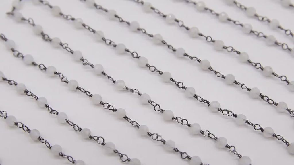 Rainbow Moonstone Rosary Chain, Black Wire Wrapped Faceted Chains CH #458, White Gemstone Chains