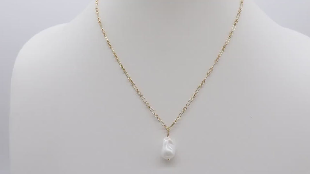 Elegant 14K Gold Filled Pearl Chain Link Necklace, Long Short Gold Dainty Chain With Large Baroque Pearl, Wire Wrapped Charm Necklace