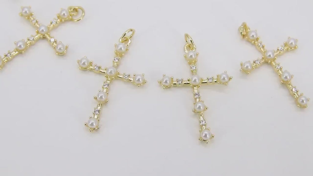 Gold CZ White Pearl Cross Charms, 20 x 31 mm Dainty Pearl Charms With Ring #48,  Rosary Pendants