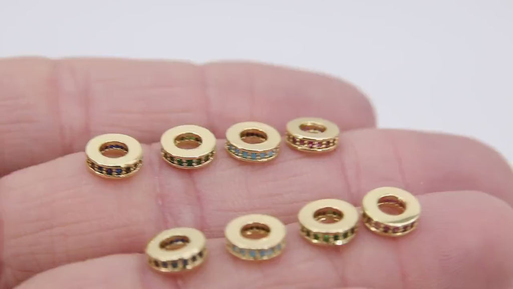 Gold Spacer Beads, CZ Blue Rondelle Spacer Donuts Findings #552, 8 mm Big Hole Red Round Discs