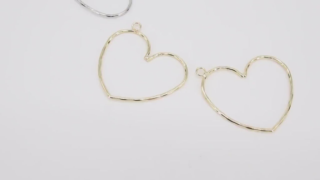 Gold Heart Hoop Ear Rings, 42 mm Silver Heart Shaped Charms #772, Textured High Quality