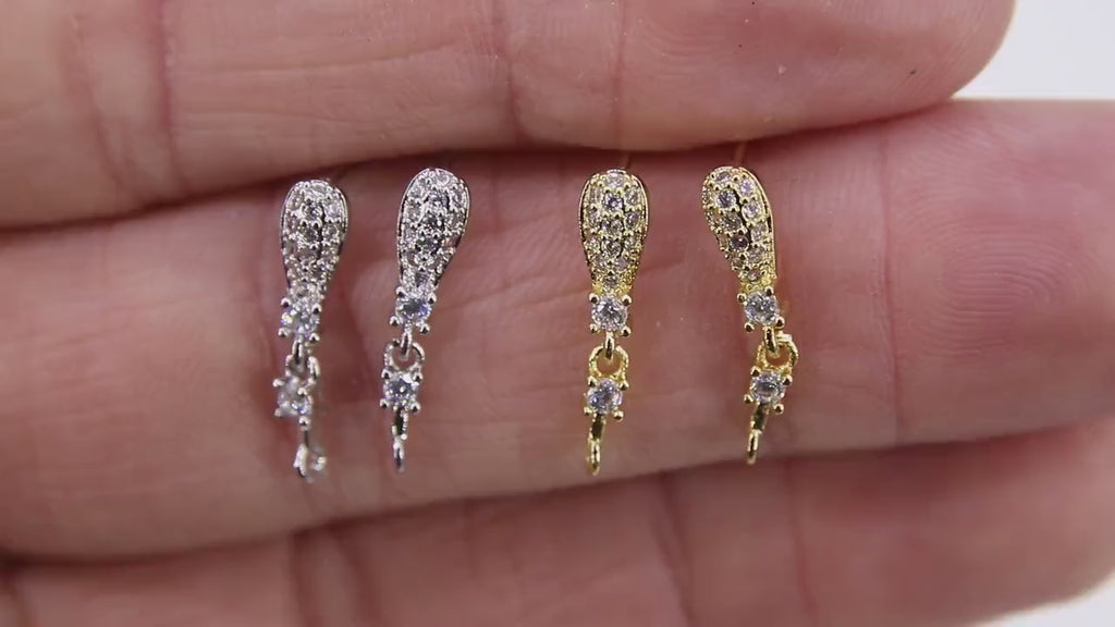 Gold CZ Pave Earring Findings, Silver Pear Teardrop Stud Posts #822, Closed Loop Component Parts