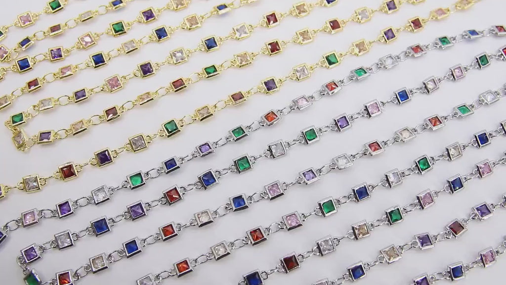 Genuine Cubic Zircon Chains, 4 mm Square Bezel Rainbow Chains CH #567, Silver or Gold Plated