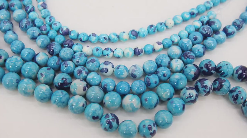 Smooth Round Ocean Blue Beads, Navy and White Jewelry Beads BS #101, sizes in 6 mm 8 mm 10 mm 15.5 inch Strands