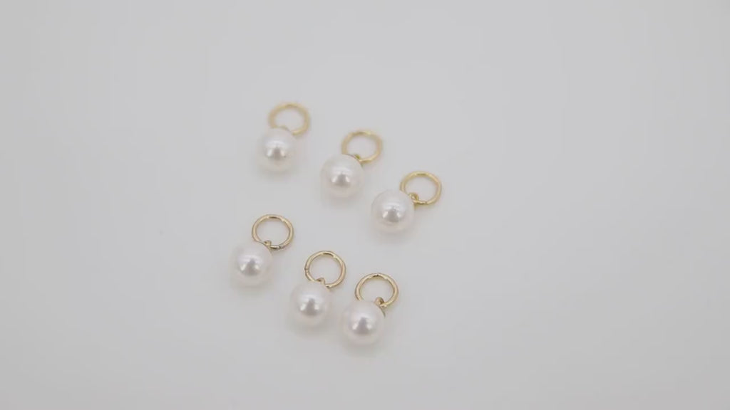 14 K Gold Filled Pearl Charms, Gold Hooplet Dangle 5 mm White Pearl Charms for Necklace # 2122, Balls for CZ Huggies or Bracelets