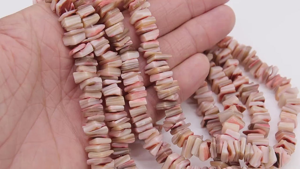 Beige and Pink Shell Beads, Multi Color Freshwater Pearlized Heishi Cube Beads BS #154, Square Flat sizes 7x 8 mm 15.25 inch Strands