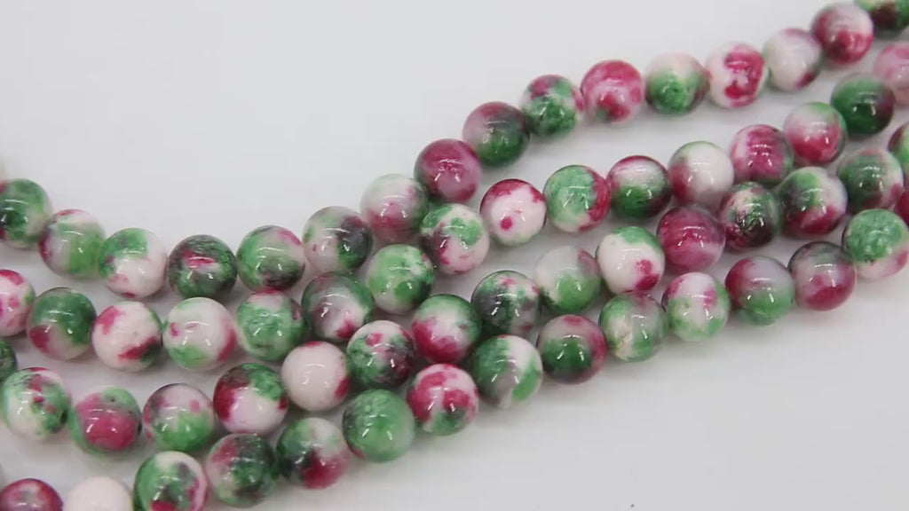 Smooth Round Pink and Green Beads, Fuchsia and White Jade Jewelry Beads, BS #103