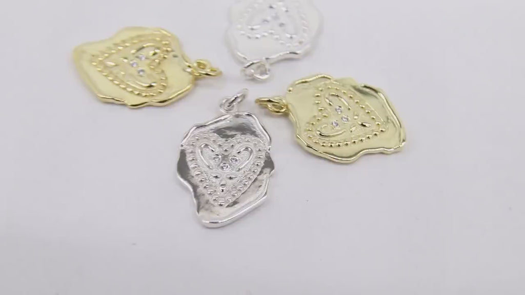 CZ Heart Charms, Genuine Gold 925 Sterling Silver Heart Charms # 2043, 19 mm Stamped Rustic Love Gifts for Mom