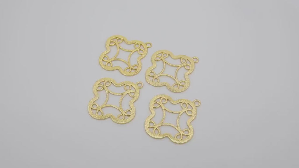 Large Quatrefoil Charm, Brushed Gold Soldered Filigree Clover #668, Earrings or Necklace Pendants 36 x 40 mm