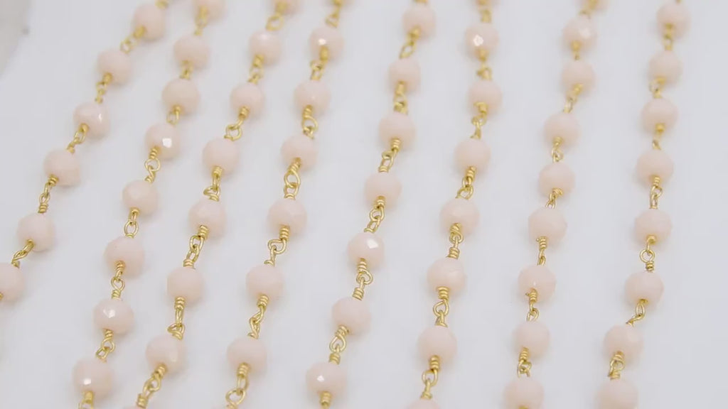 Light Cream Ivory Rosary Chain, 6 mm Gold Plated Beige Mystic Crystal CH #303, Wire Wrapped
